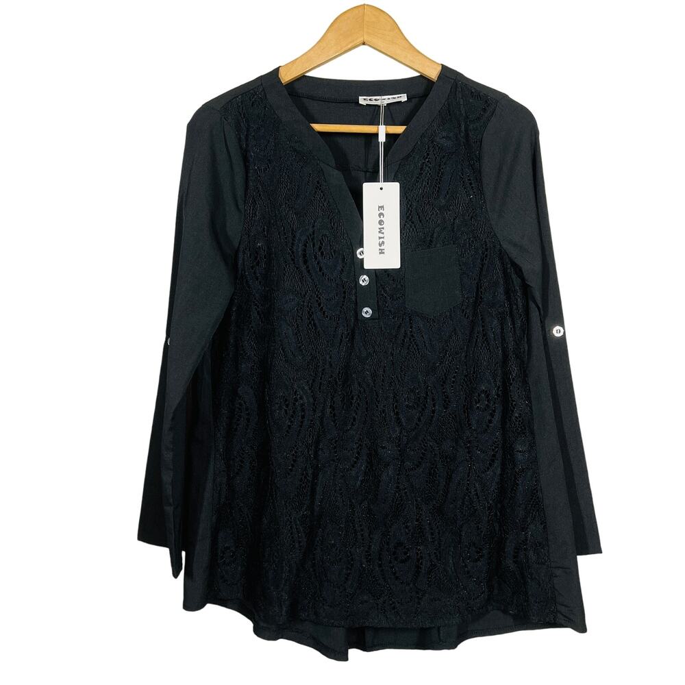NEW! Ecowish Lace Front Tunic Long Sleeve Casual Black - M